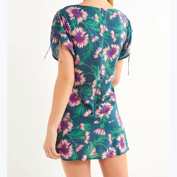 NWT - Urban Outfitters Green Floral Drawstring Ruched Mini Dress Size XL - Picture 9 of 10